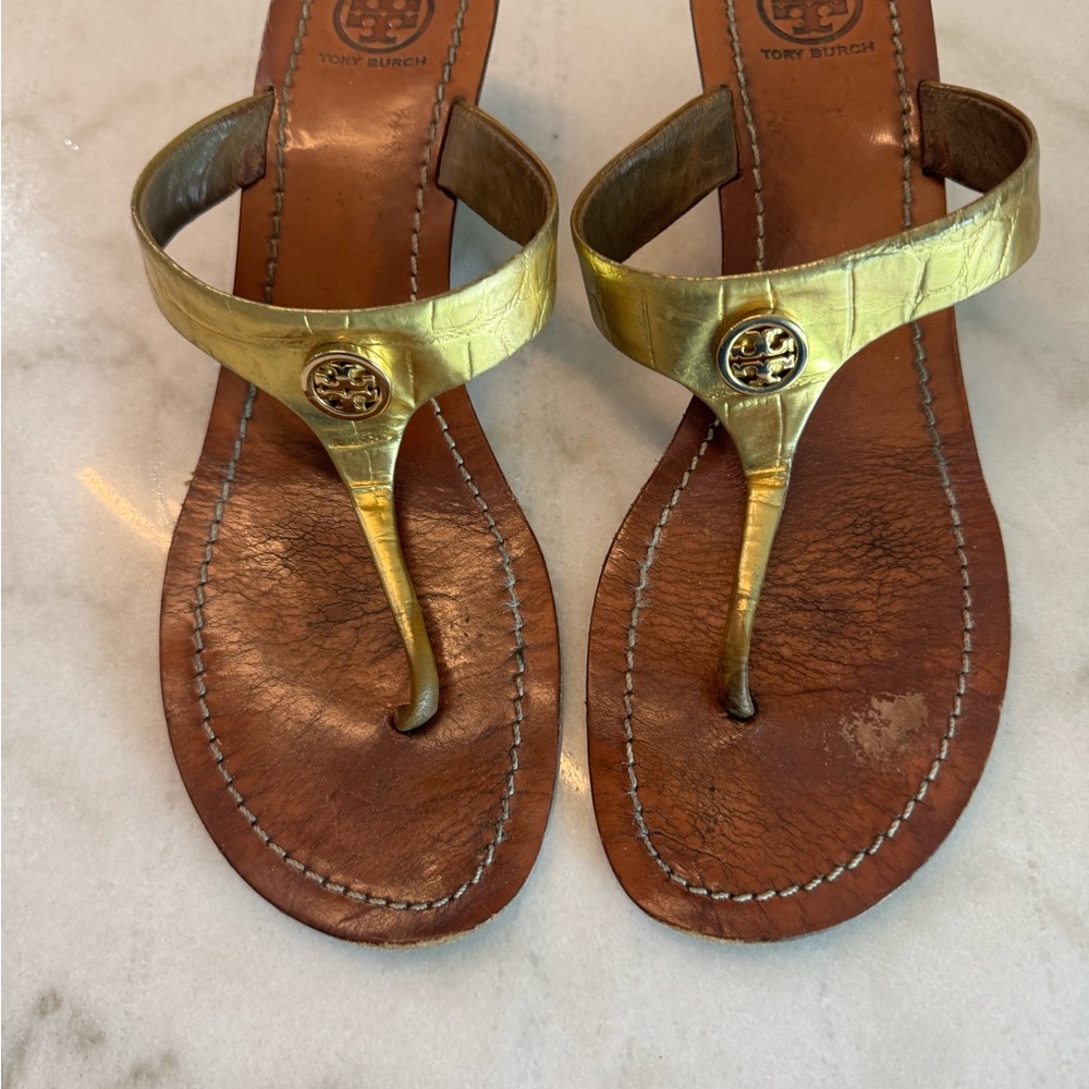 Tory Burch Gold Leather Thong Sandals